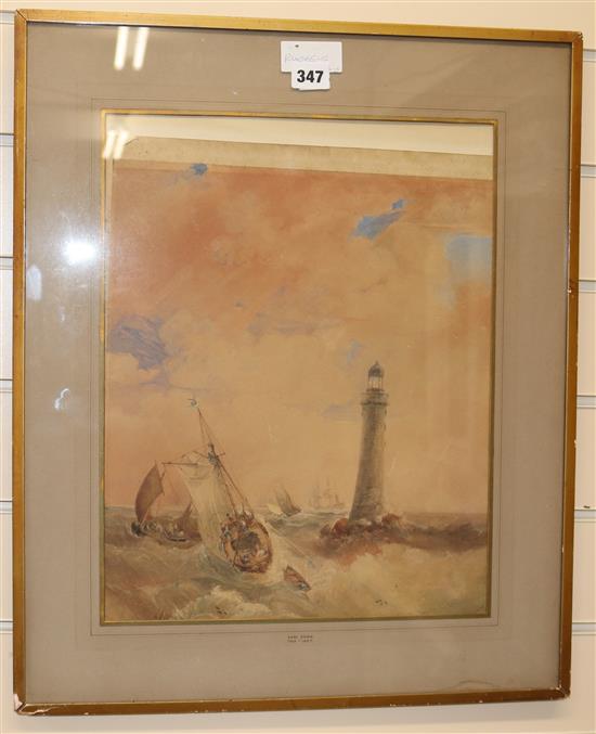 Samuel Owen (1768-1857) Fishing boats beside a lighthouse 41 x 32cm